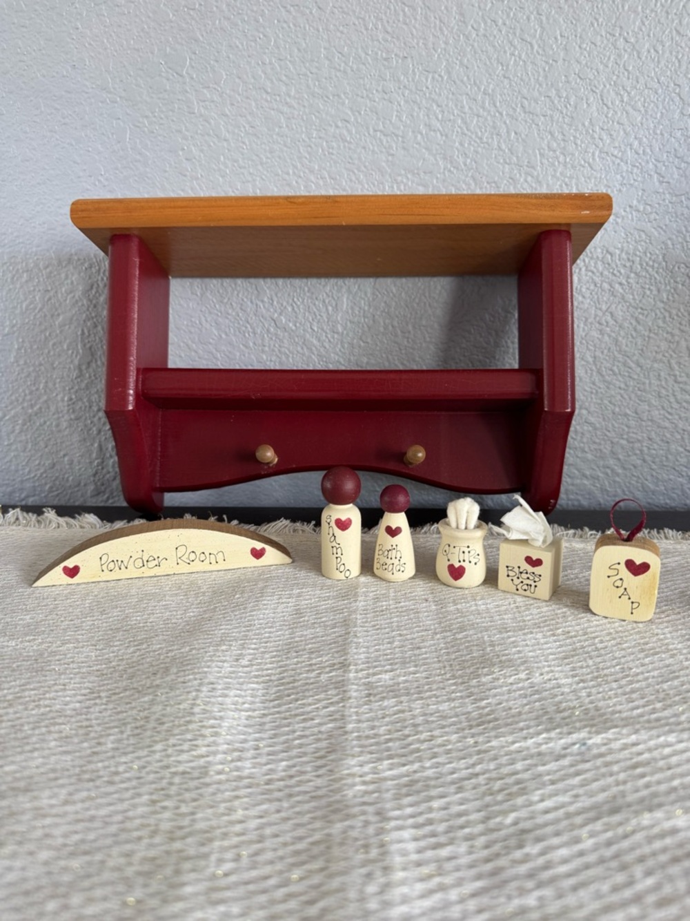 VTG 90s Country Wooden Powder Room Wall Shelf & Peg Set Grandmacore 7pc